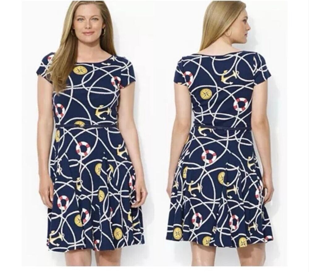 Lauren Ralph Lauren A-Line Dress Navy Blue Belted Nautical Sailor Cruise Size S